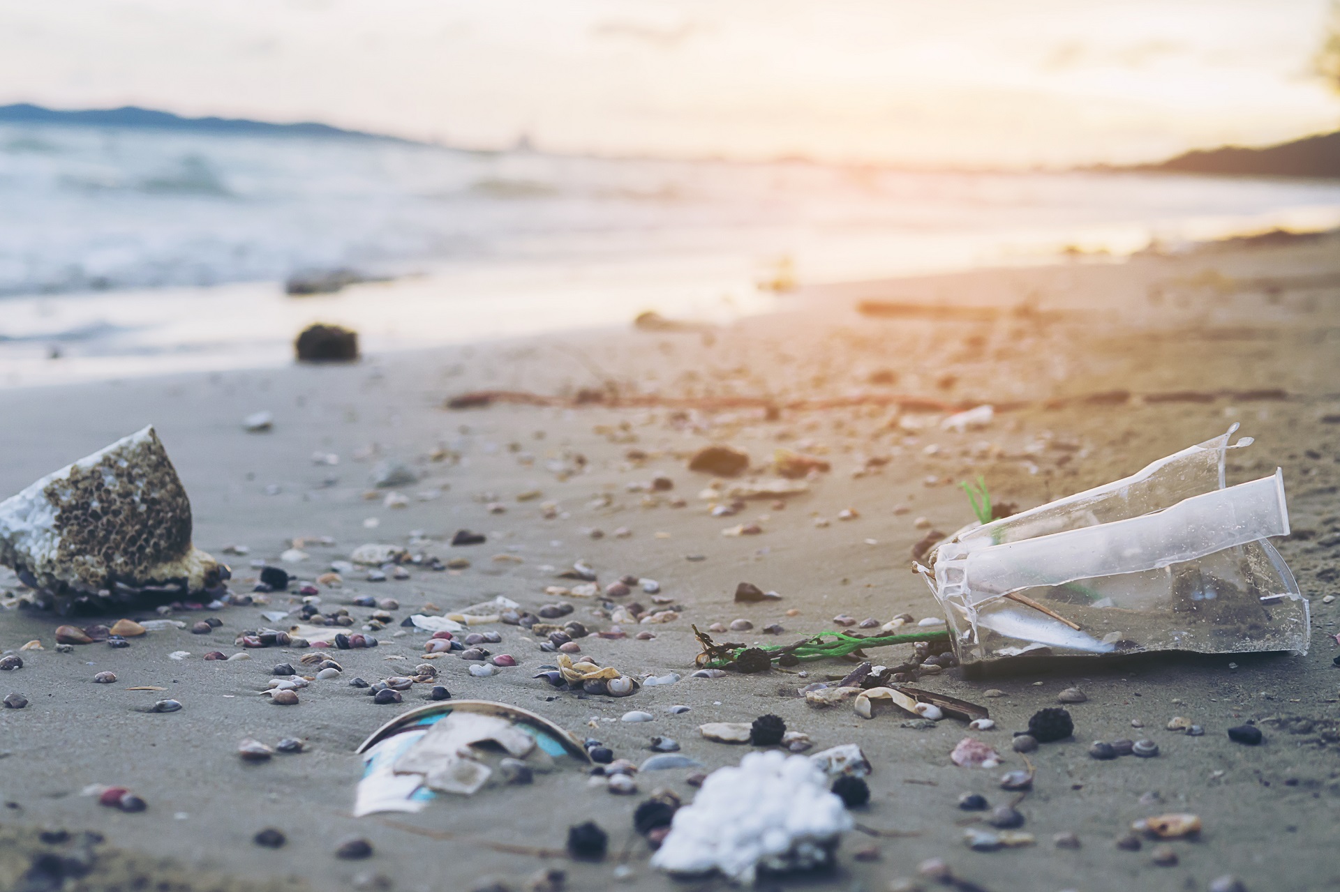 Trash on sand beach showing environmental pollution problem